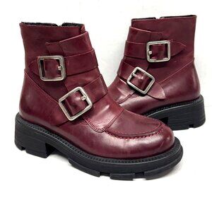 MIZ MOOZ LEATHER BOOTS BUCKLE SIDE ZIPPER BORDEAUX 37EU / 7US NEW # Z-222